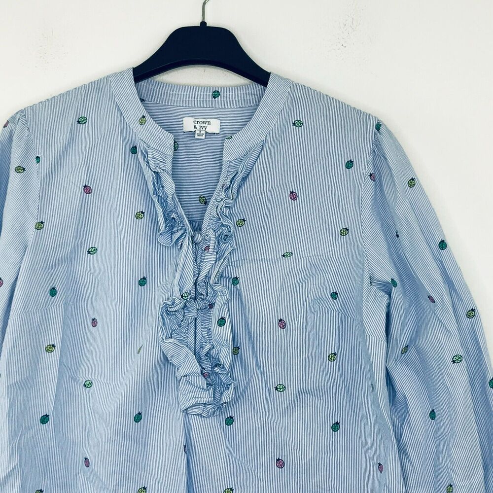 Crown & Ivy Women's Small Blouse Blue Striped Laybug Ruffle Button Front AW15 - Picture 4 of 5